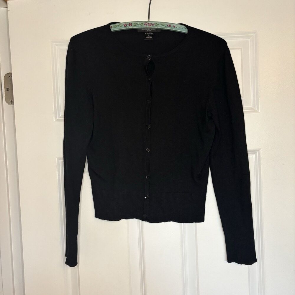 August Silk Petite Small Women’s Cardigan Black Silk Blend 3/4 Sleeve Sweater
